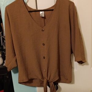 Elegant Tan Button-Down Blouse with Tie-Front